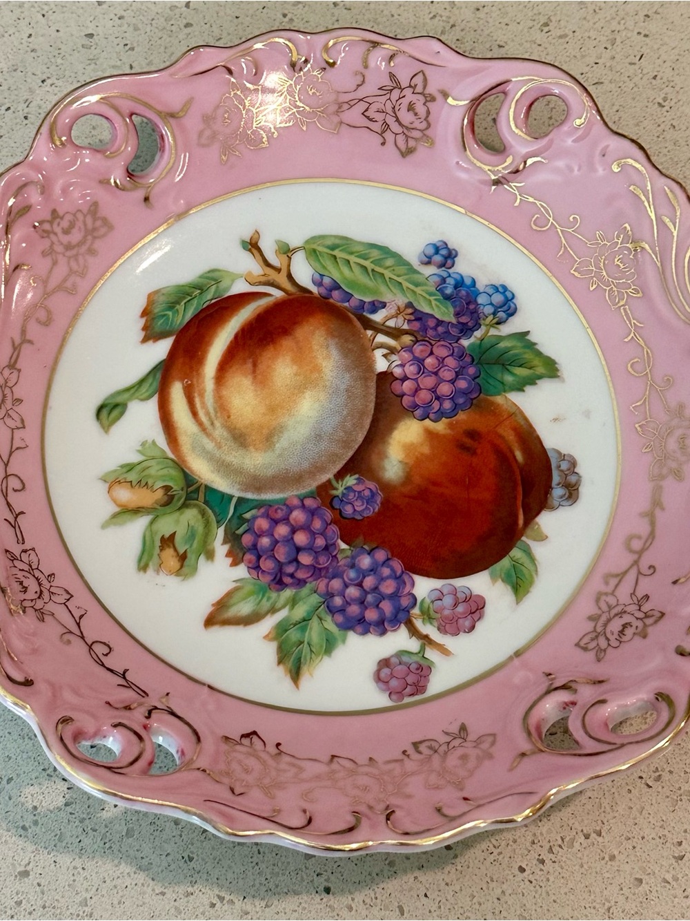 Pink Porcelain Fruit-Decor Serving Plate with Gold Accents